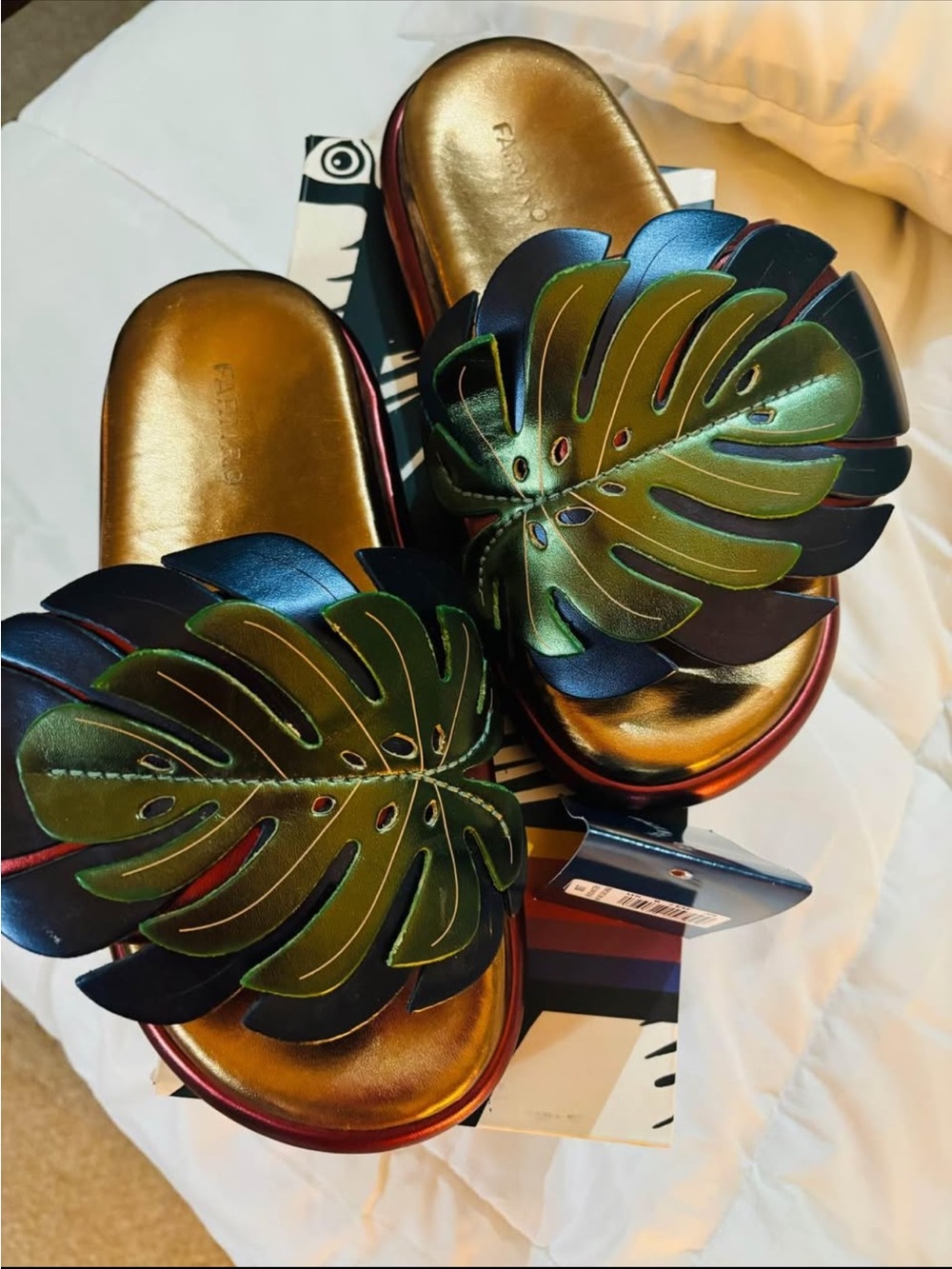 FARM Rio Monstera Multicolor Iridescent Leaf Slide Sandals — Green, Gold, Blue